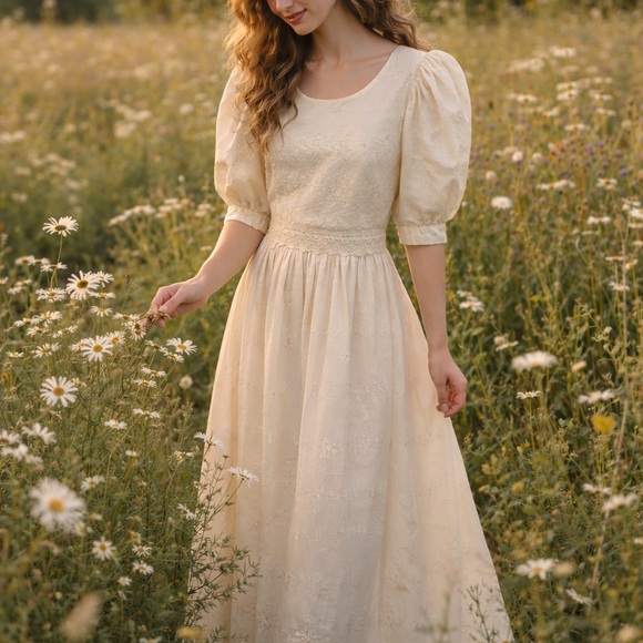 FORMAL AFFAIRS Dresses & Skirts - Vintage 80s Eyelet Prairie Bridal Dress Ivory Puff Sleeve Formal Cottagecore